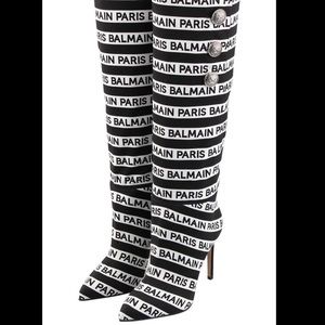 Balmain Black and White Logo Knee-High Stiletto Boots